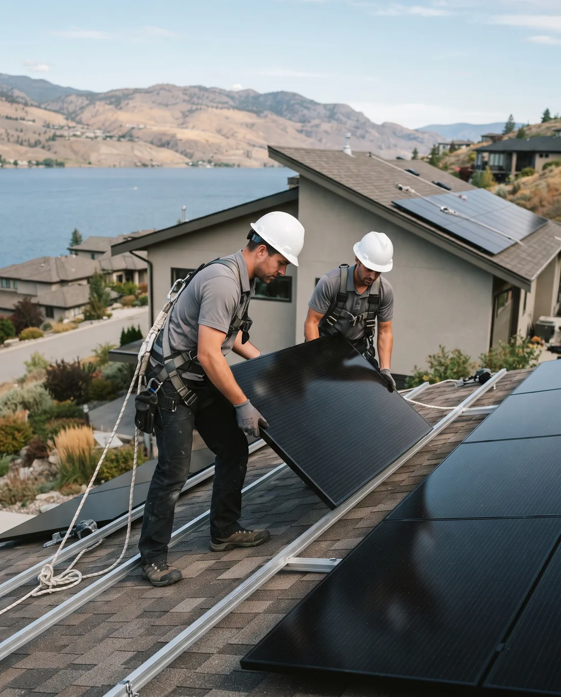 Two harnessed installers fitting a solar panel on a hillside home above Okanagan Lake