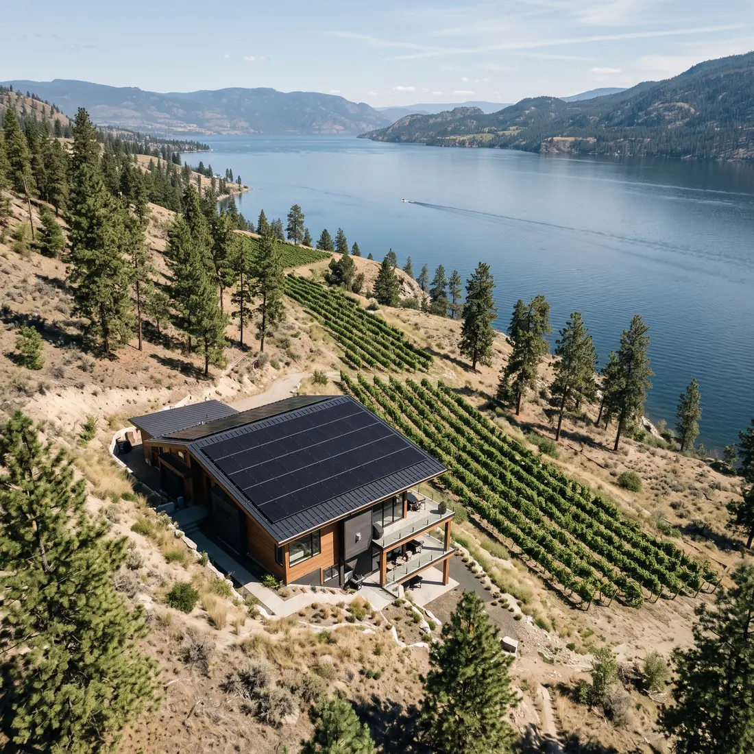 Aerial view of a hillside home with black solar panels above vineyards and Okanagan Lake
